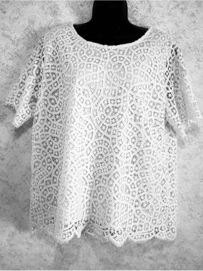 Philosophy Republic White Lace Blouse Short Sleeve Lined Sheer Overlay Top XL